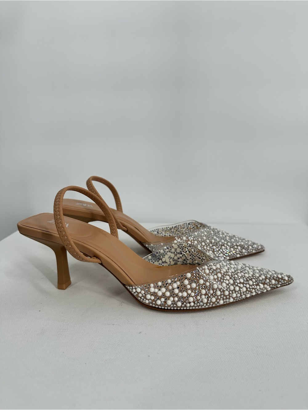 ZARA Clear PVC Pearl Rhinestone Embellished Pointed Slingback Kitty Heels Size 7
